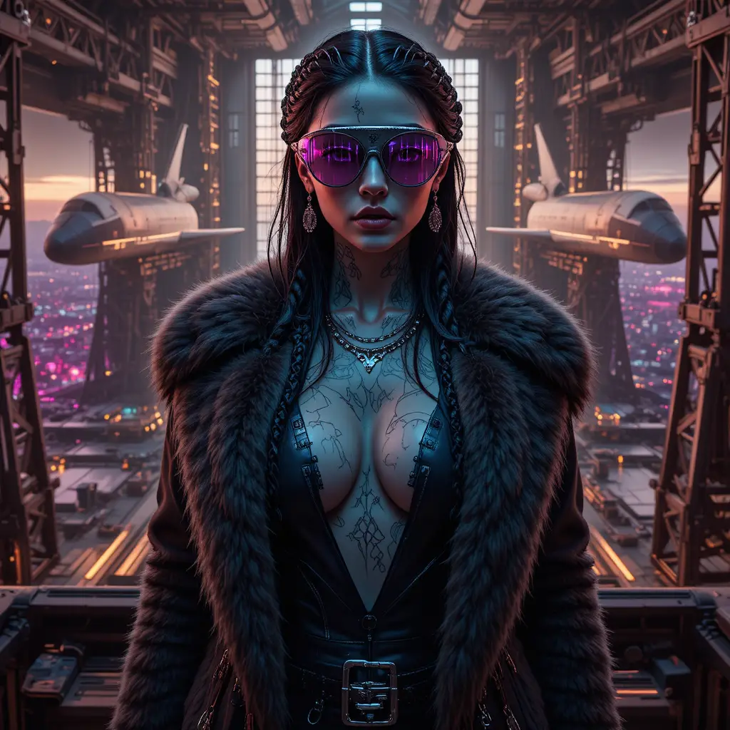 Femme fatale cyber noir em um hangar de lançamento estratosférico