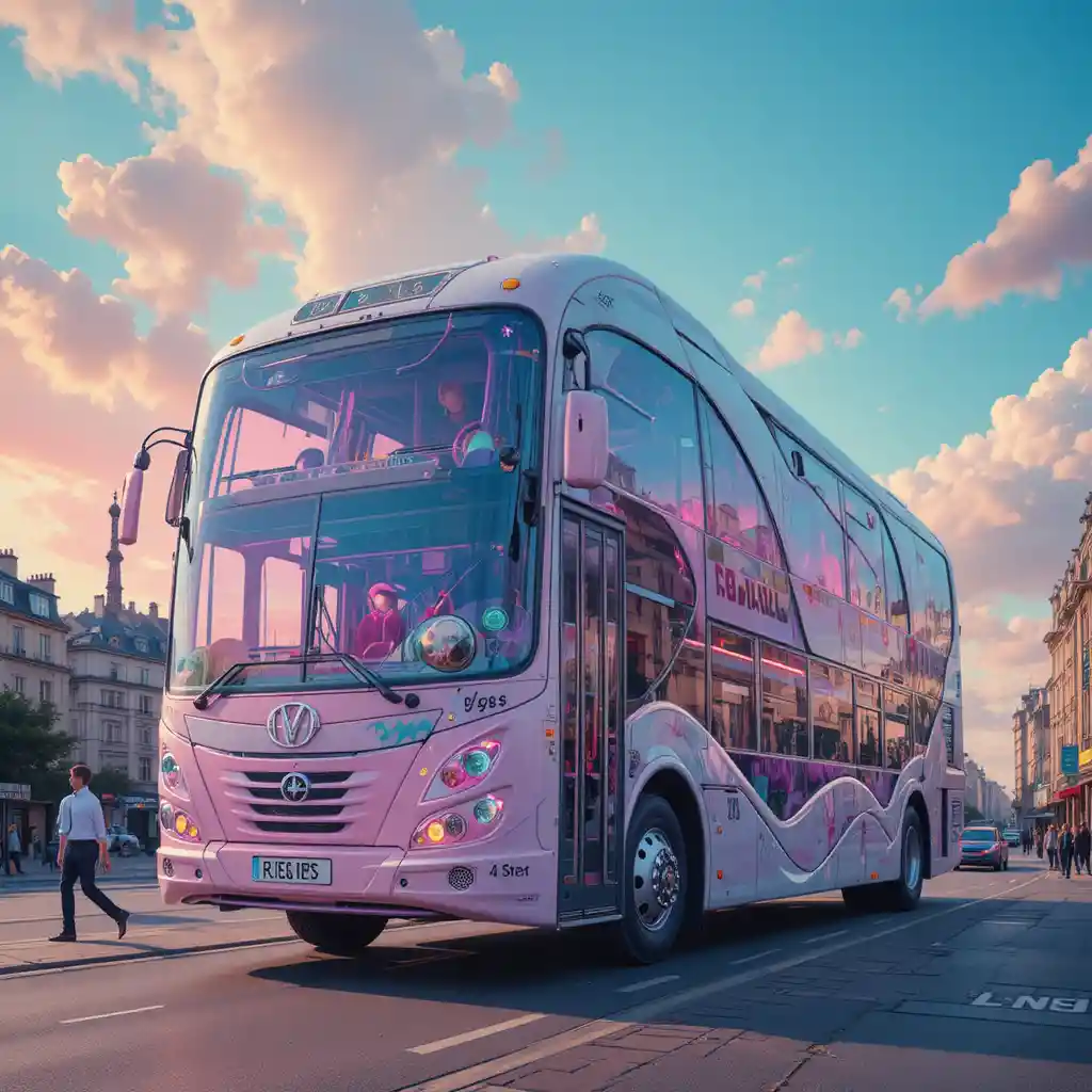 Ônibus futurista surreal em Paris como modelo de alta moda