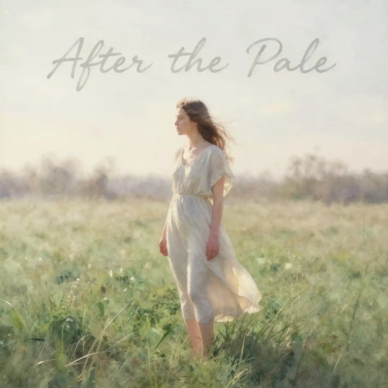Watercolor girl standing in a quiet early spring field