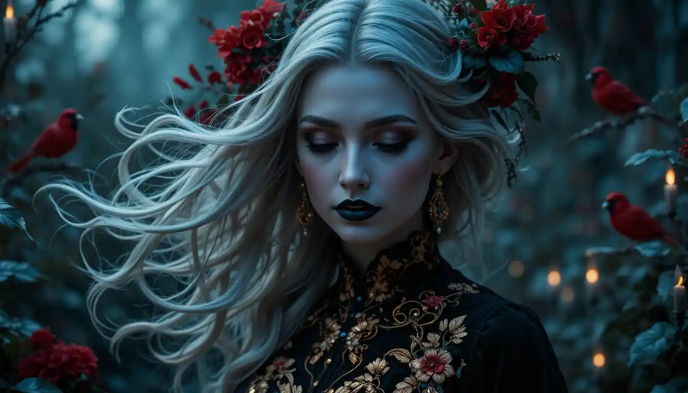 Elegant vampire woman walking alone in the night
