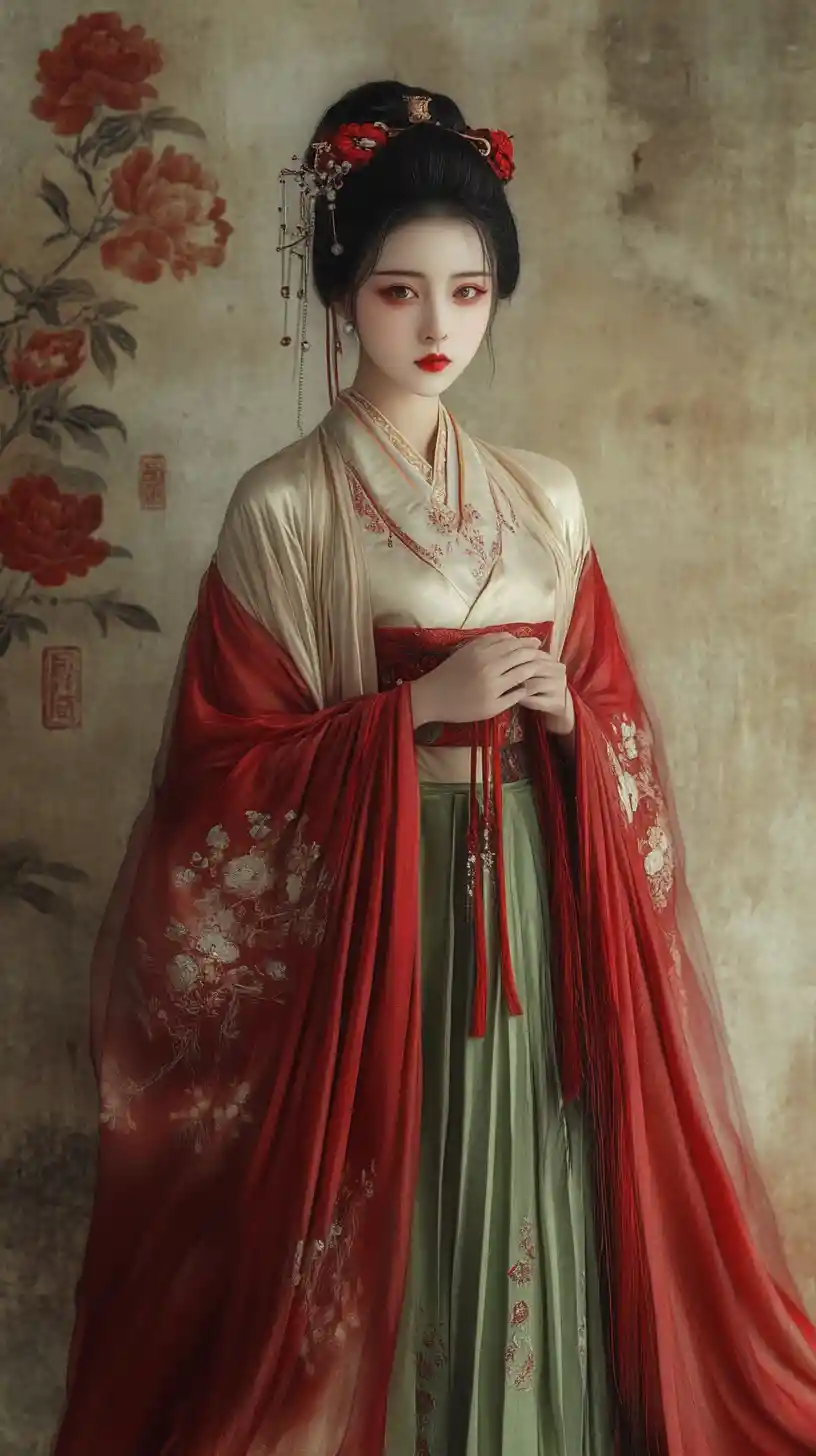 Woman in red traditional robe against textured calligraphy wall