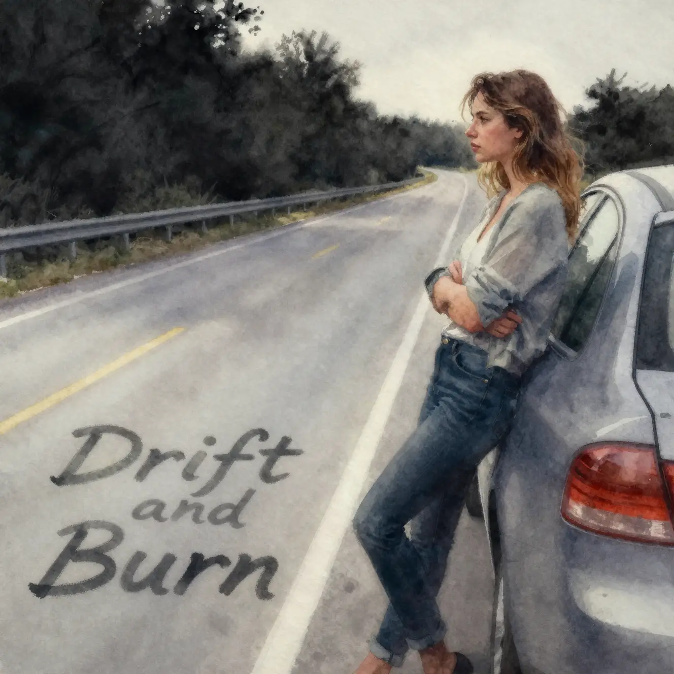 Young woman on empty highway shoulder before dawn