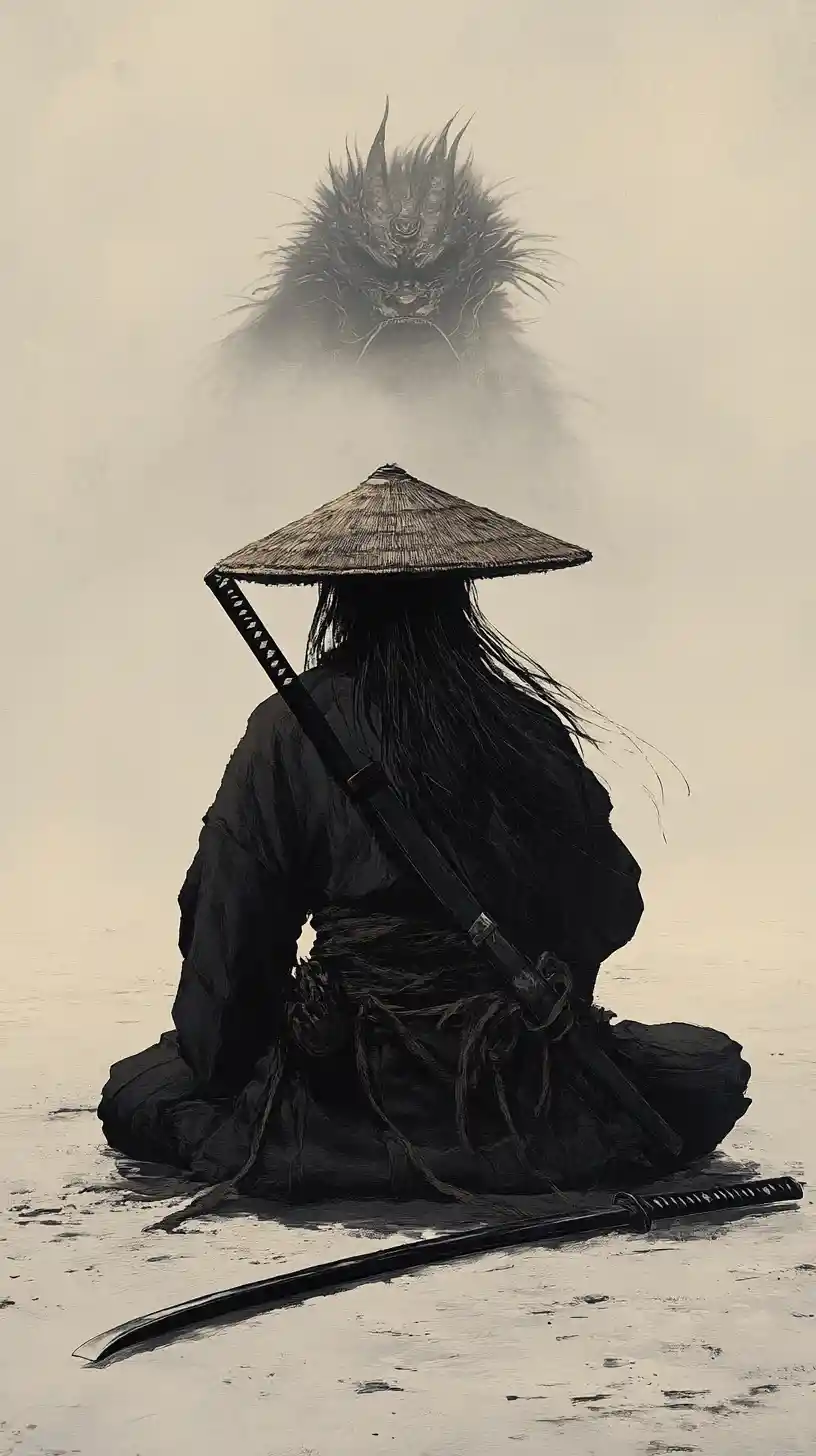Guerrier samouraï à genoux avec katana dans un paysage sableux et silencieux