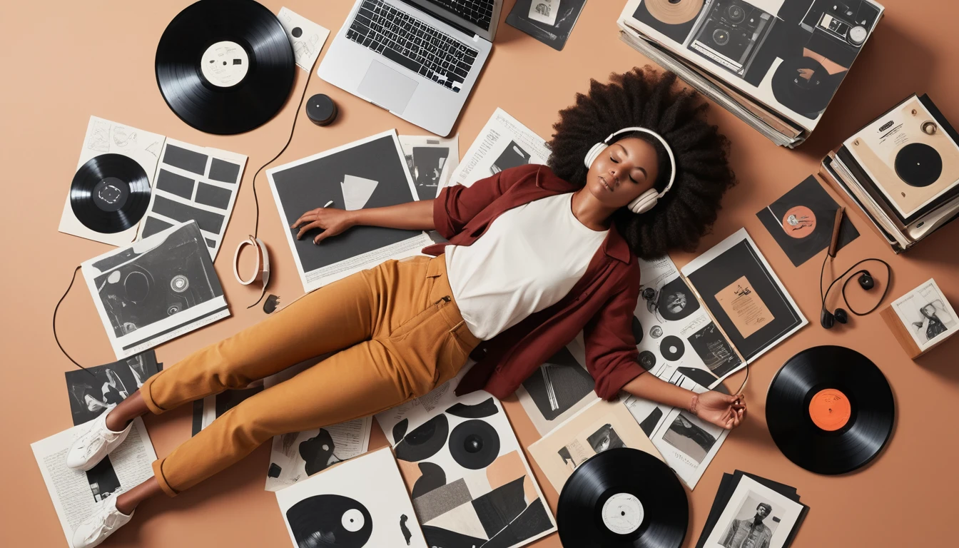 Relaxed black woman listening to music in creative studio