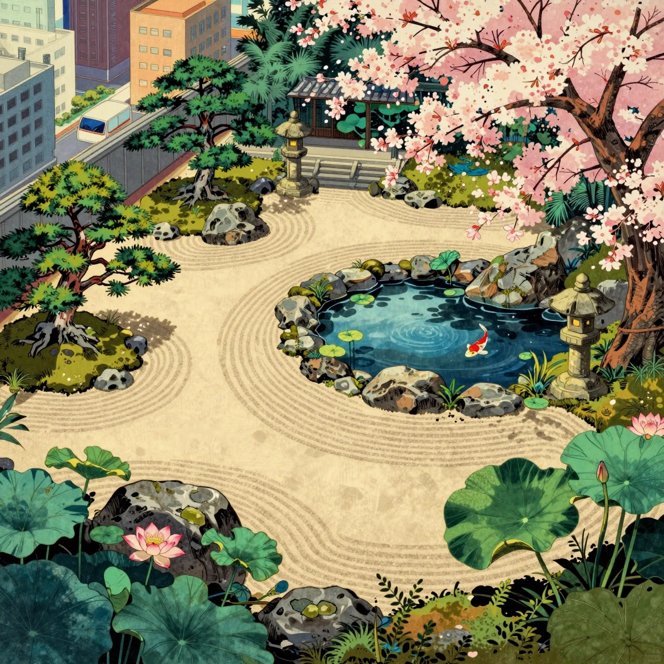 Vista Dall’Alto in Stile Anime di Giardino Giapponese Sereno con Koi