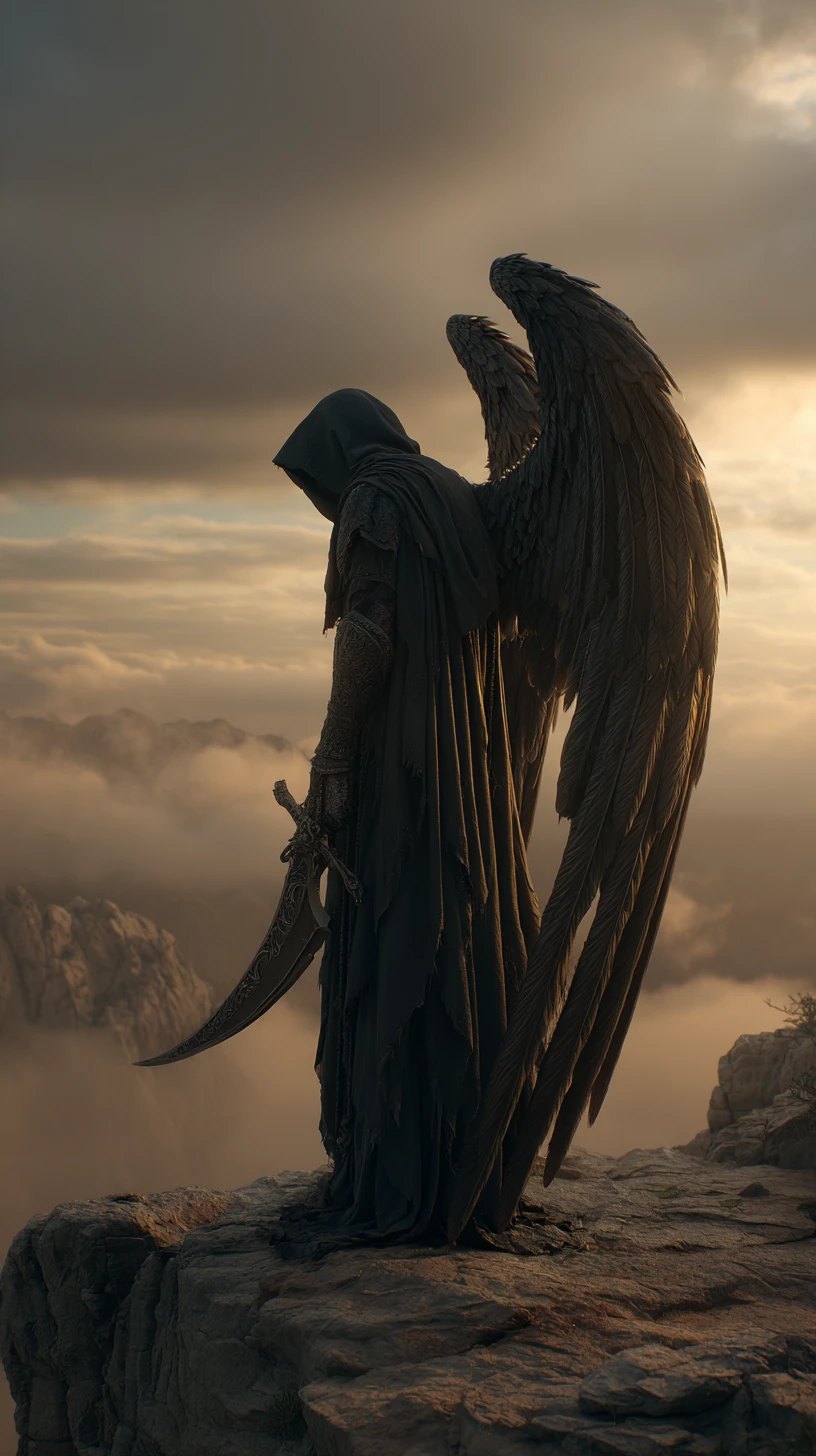 Anjo caído com espada em penhasco enevoado ao pôr do sol