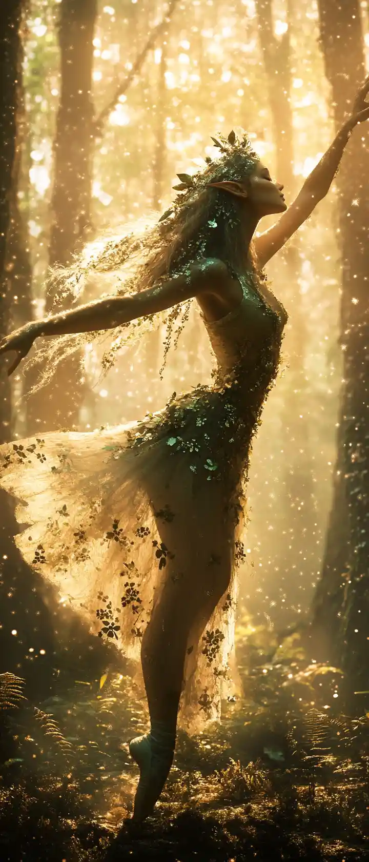 Elven ballerina spinning gracefully in a sunlit forest clearing