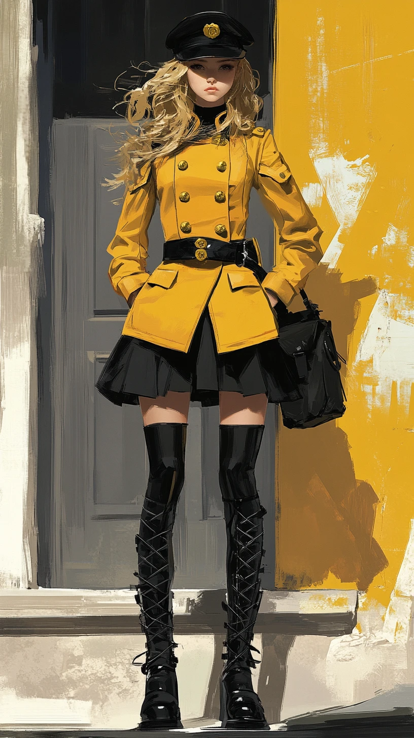 Mulher séria de uniforme amarelo diante de parede urbana amarela
