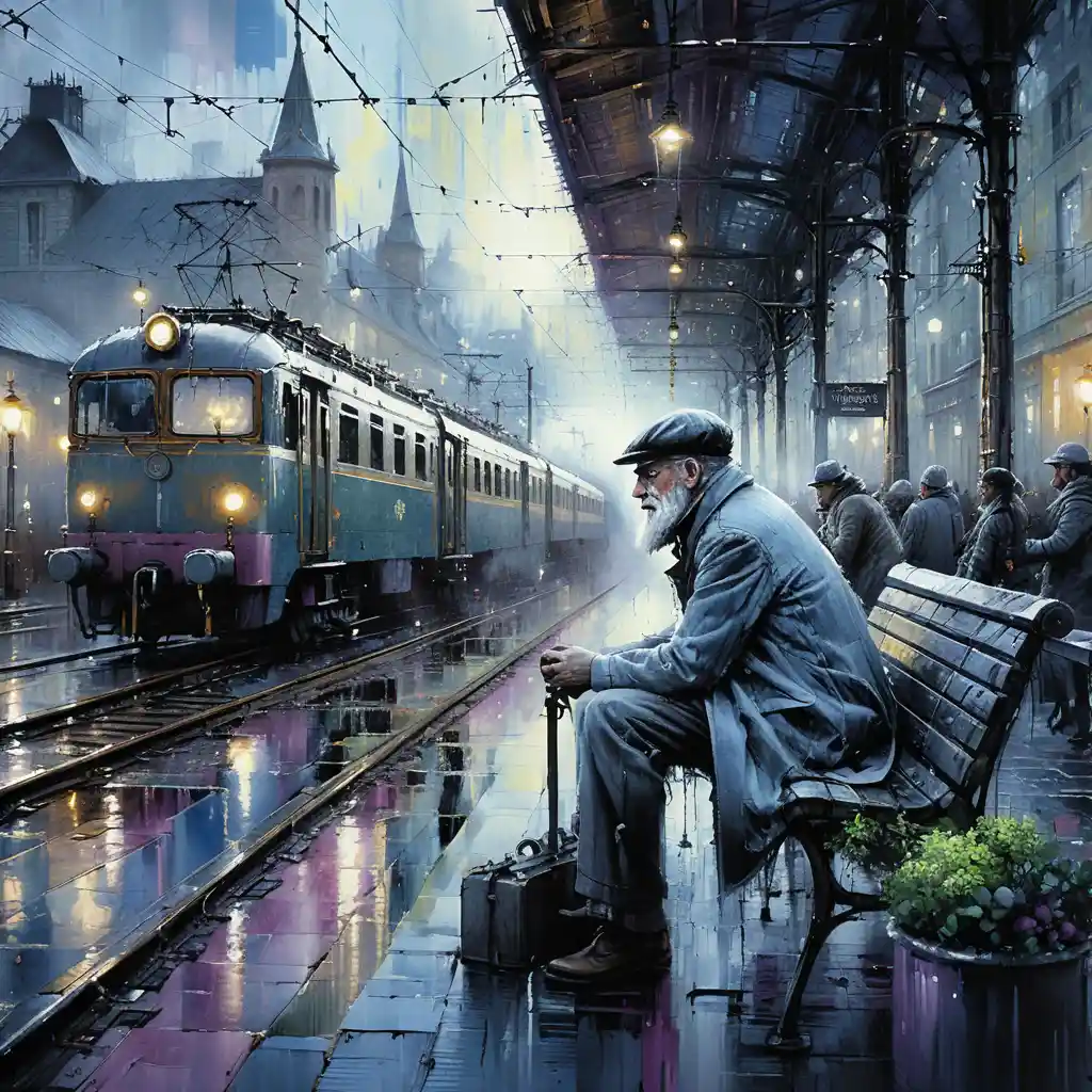 Old man waiting on a rainy winter platform