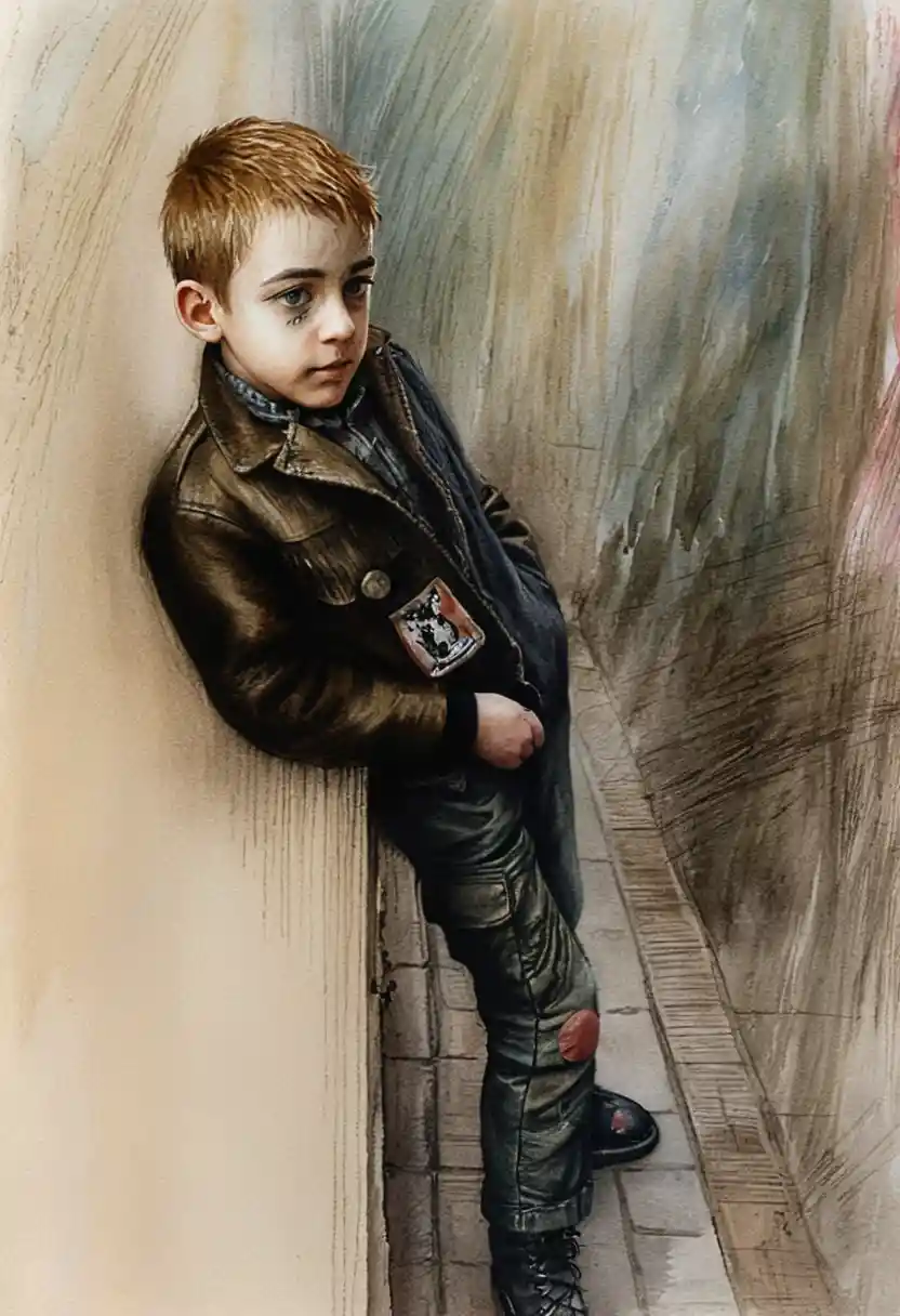 Melancholic boy leaning against a graffiti wall in alley