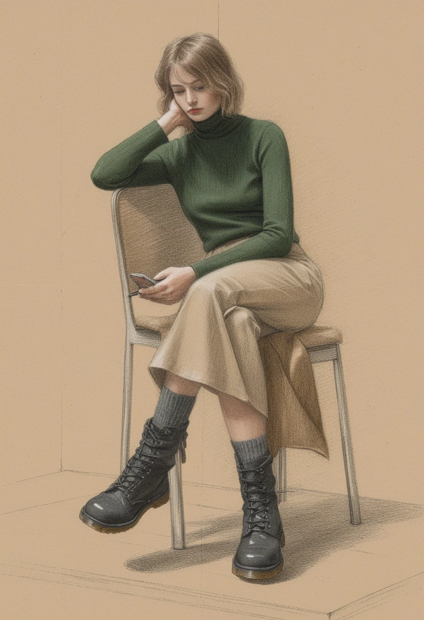 Pensive woman on stool with smartphone in minimalist interior