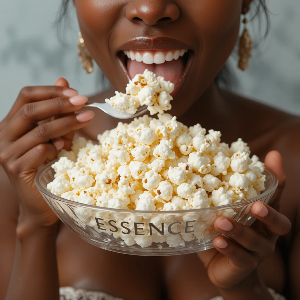 Linda mulher nigeriana comendo pipoca de um prato de vidro