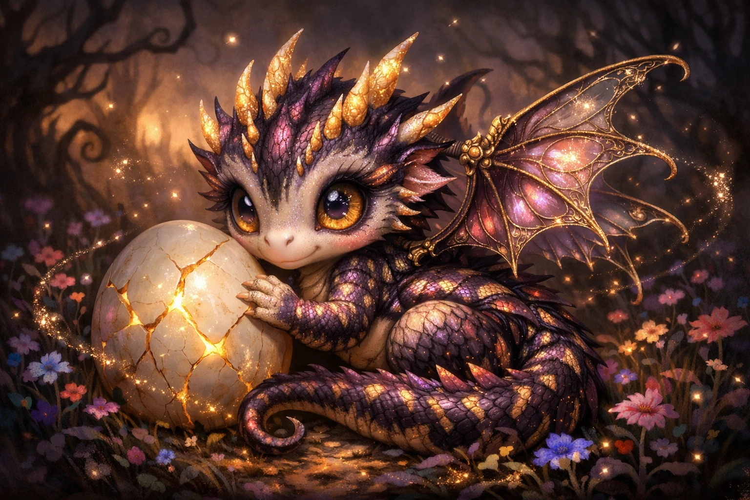 Verspielter Baby-Drache, der ein leuchtendes Porzellanei bewacht