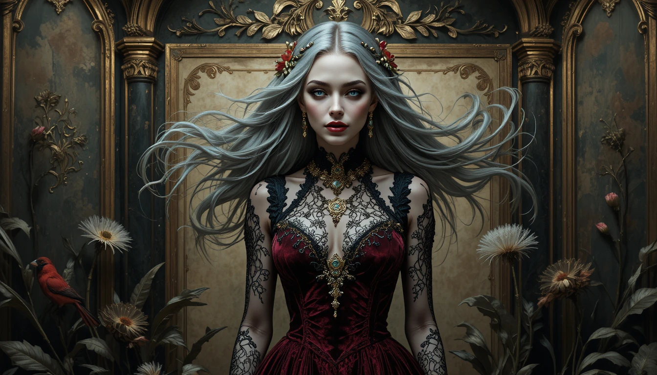 Gothic vampire woman with flowing gray hair at night