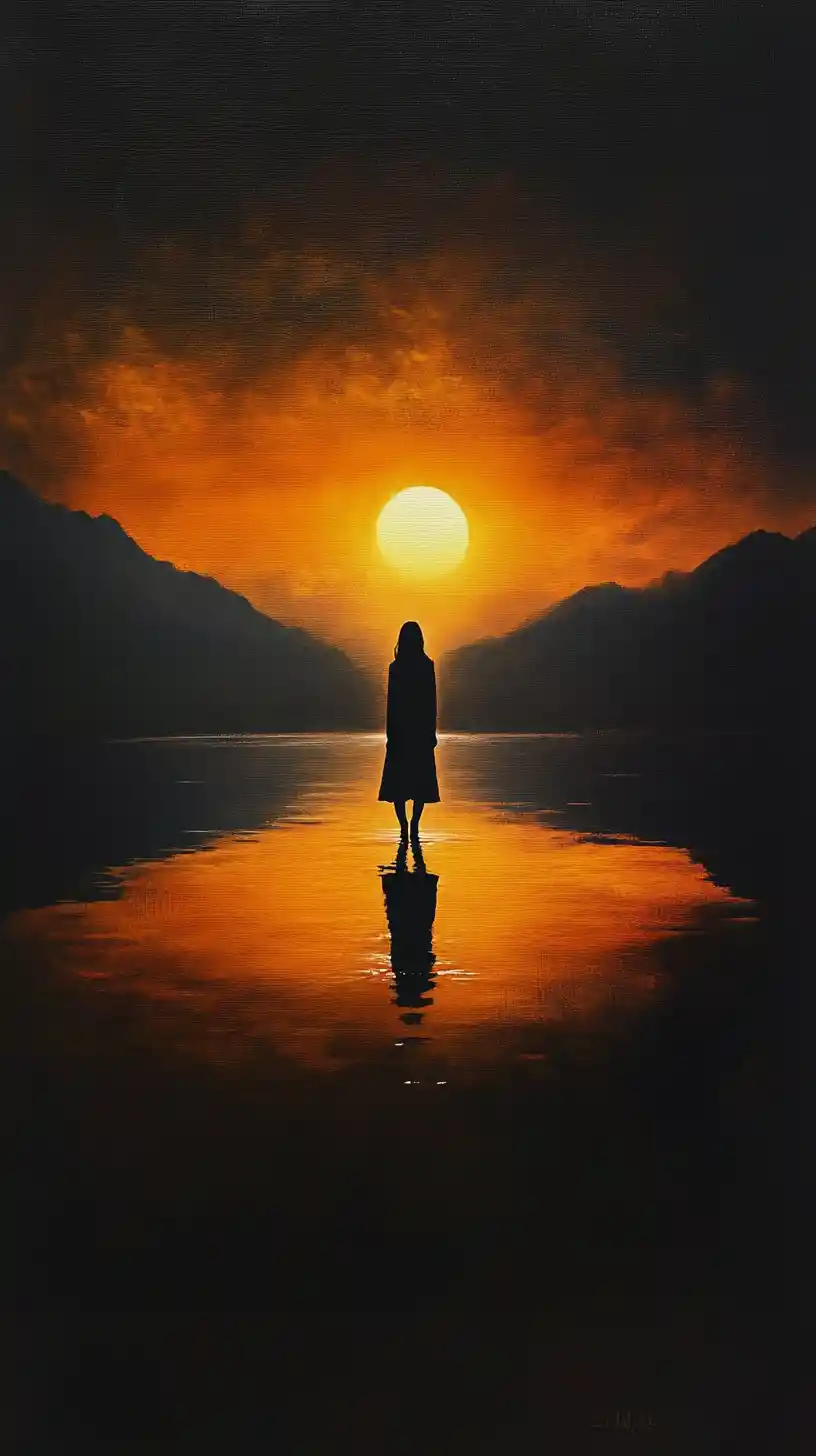 Silhouetted woman rising from dark waters at sunset