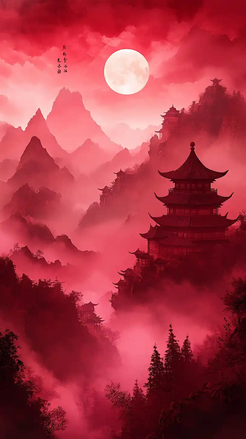 Montagne wuxia cremisi con pagode sotto una luna splendente