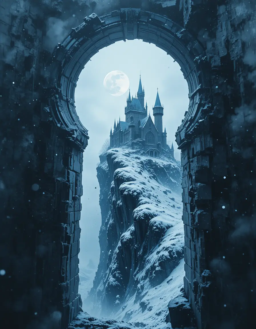 Gothic castle in a keyhole silhouette amid blizzard