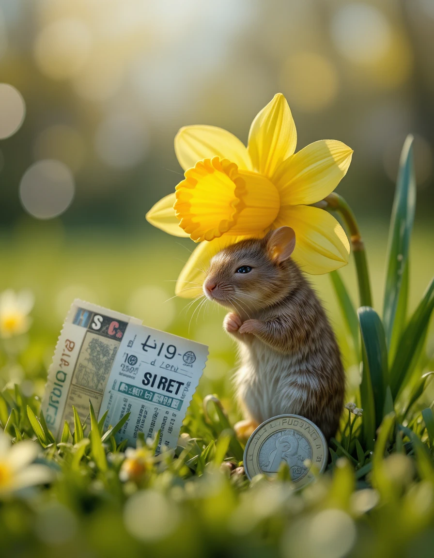 Rato dormindo ao lado de narciso com bilhete de loteria e moeda