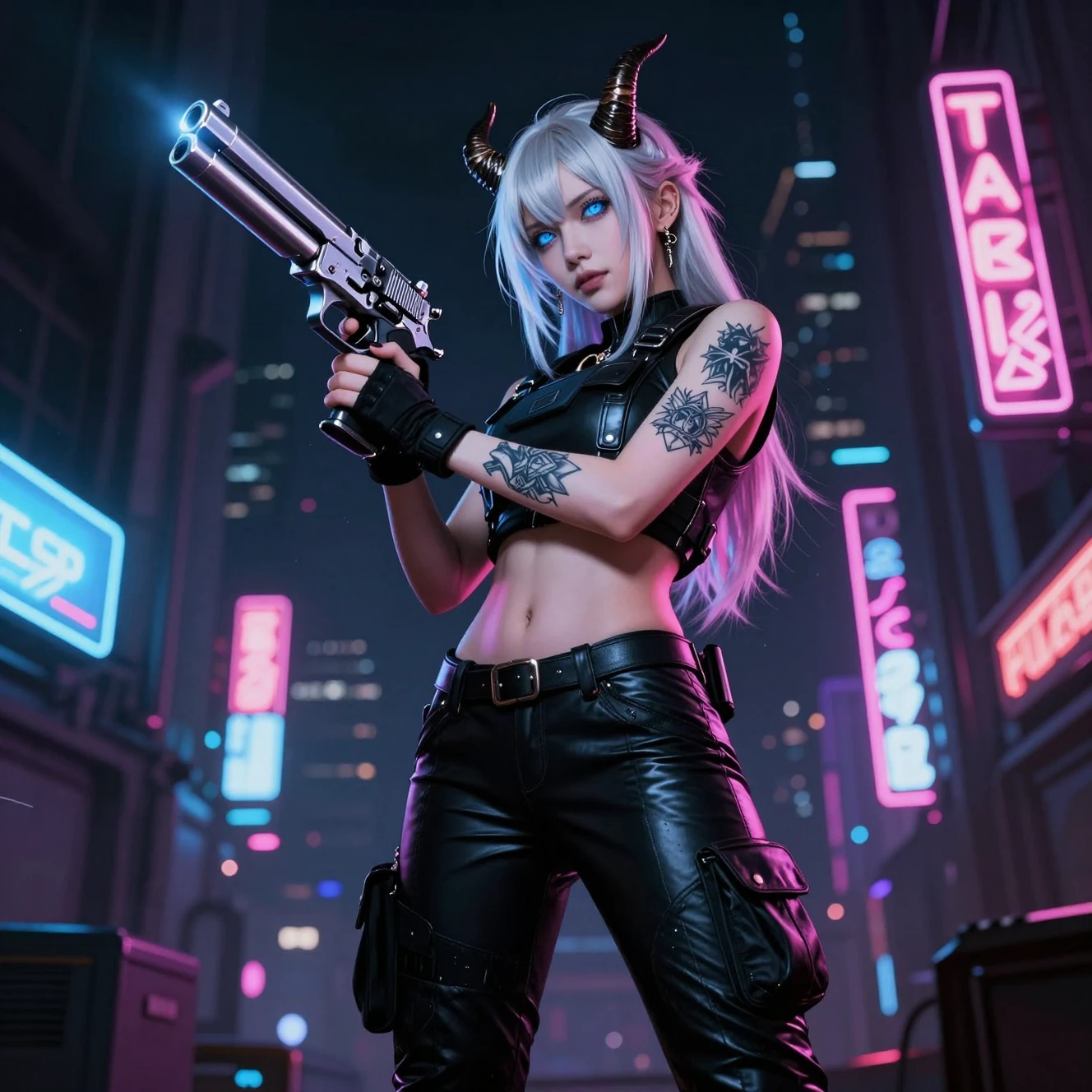 Femme cyberpunk cornue visant avec un pistolet chromé dans une ville dystopique