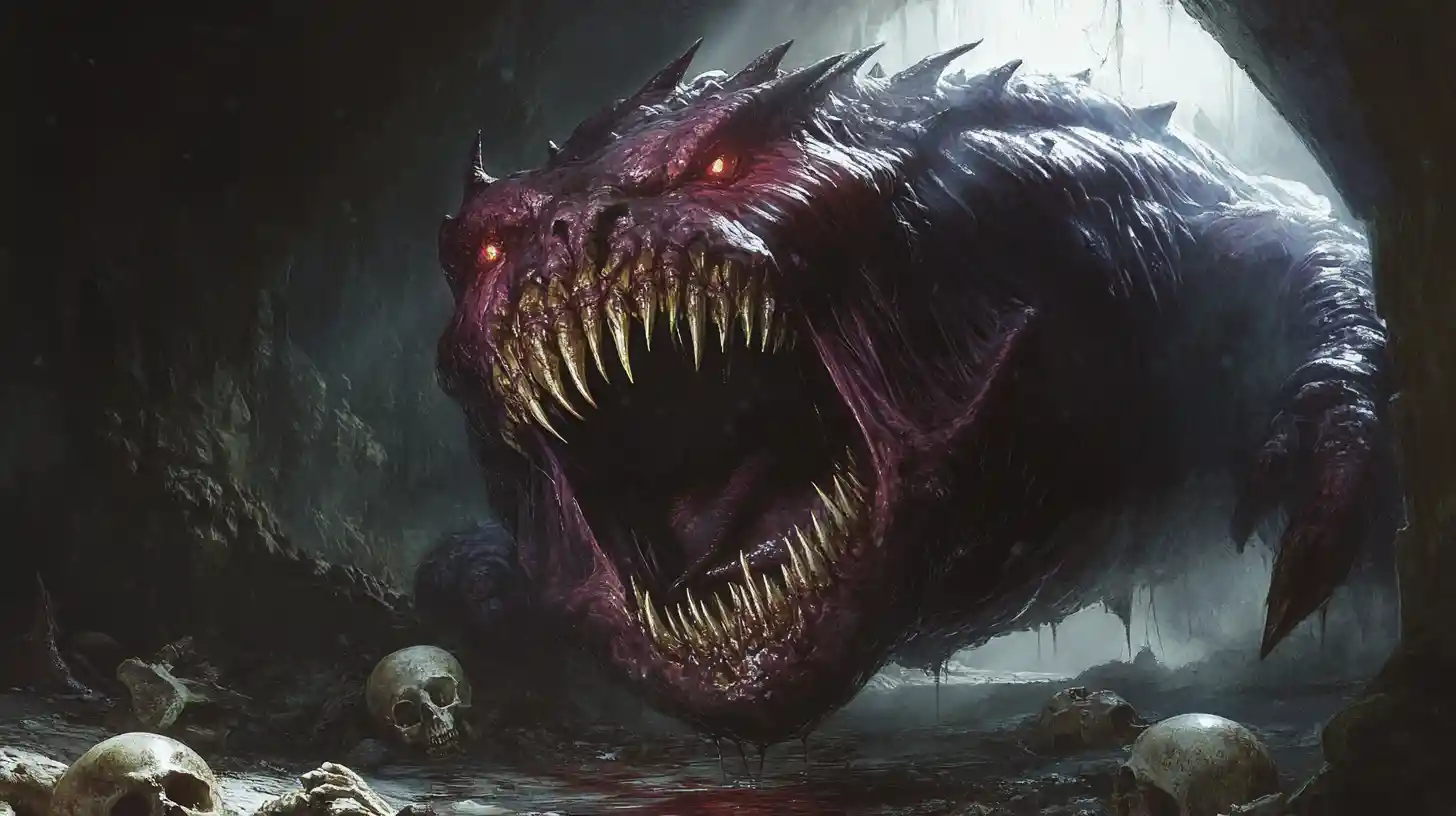 Monstro grotesco de esgoto com bocarra aberta e caveiras