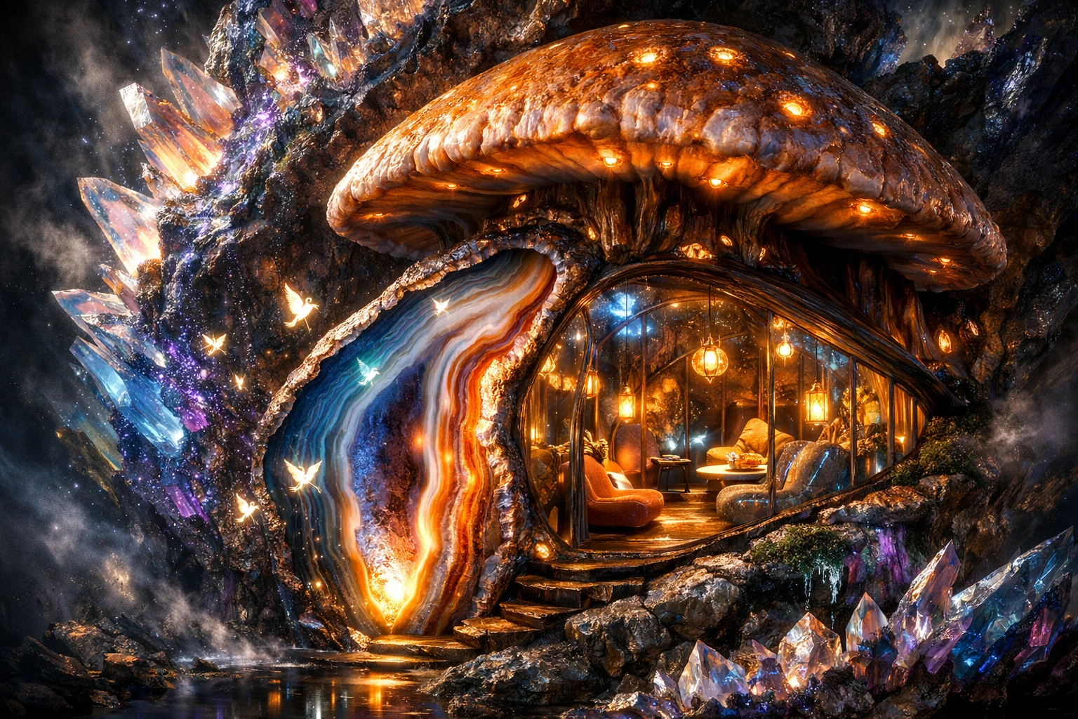Casa de Hongos Fantástica Crecida de una Geoda Brillante