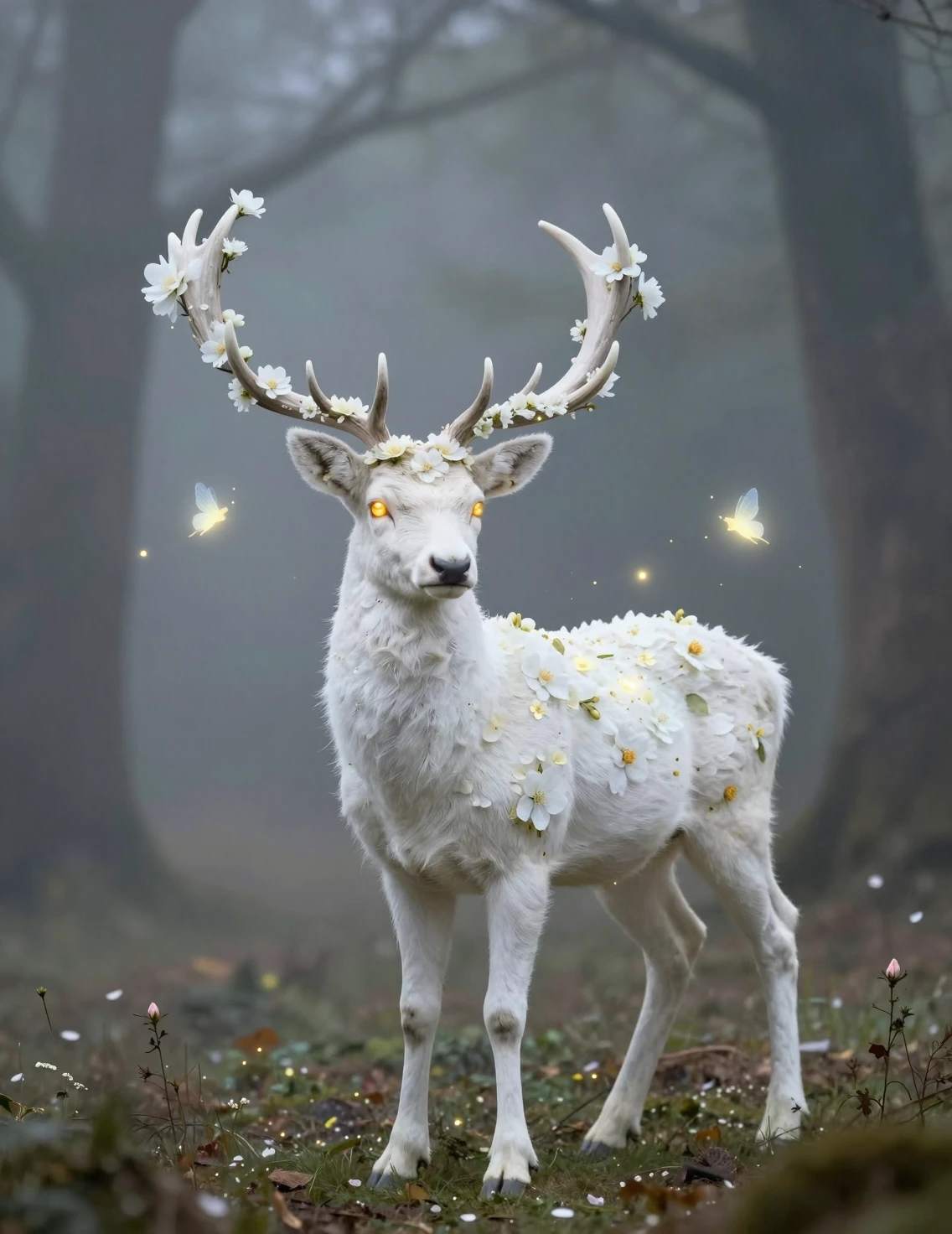 Ciervo blanco con astas florales en un claro de bosque brumoso