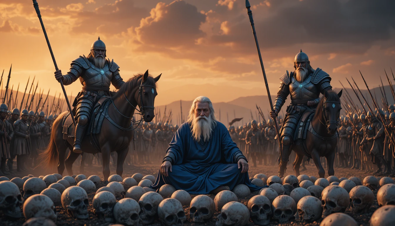 Guerriers de fantasy en armure chargeant sous un ciel de coucher de soleil en flammes