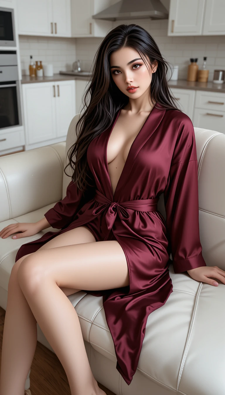 Jovem mulher com robe de cetim vermelho em sofá branco