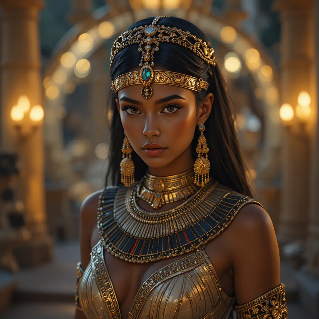 Ancient Egyptian queen in golden jewelry at night by sphinx