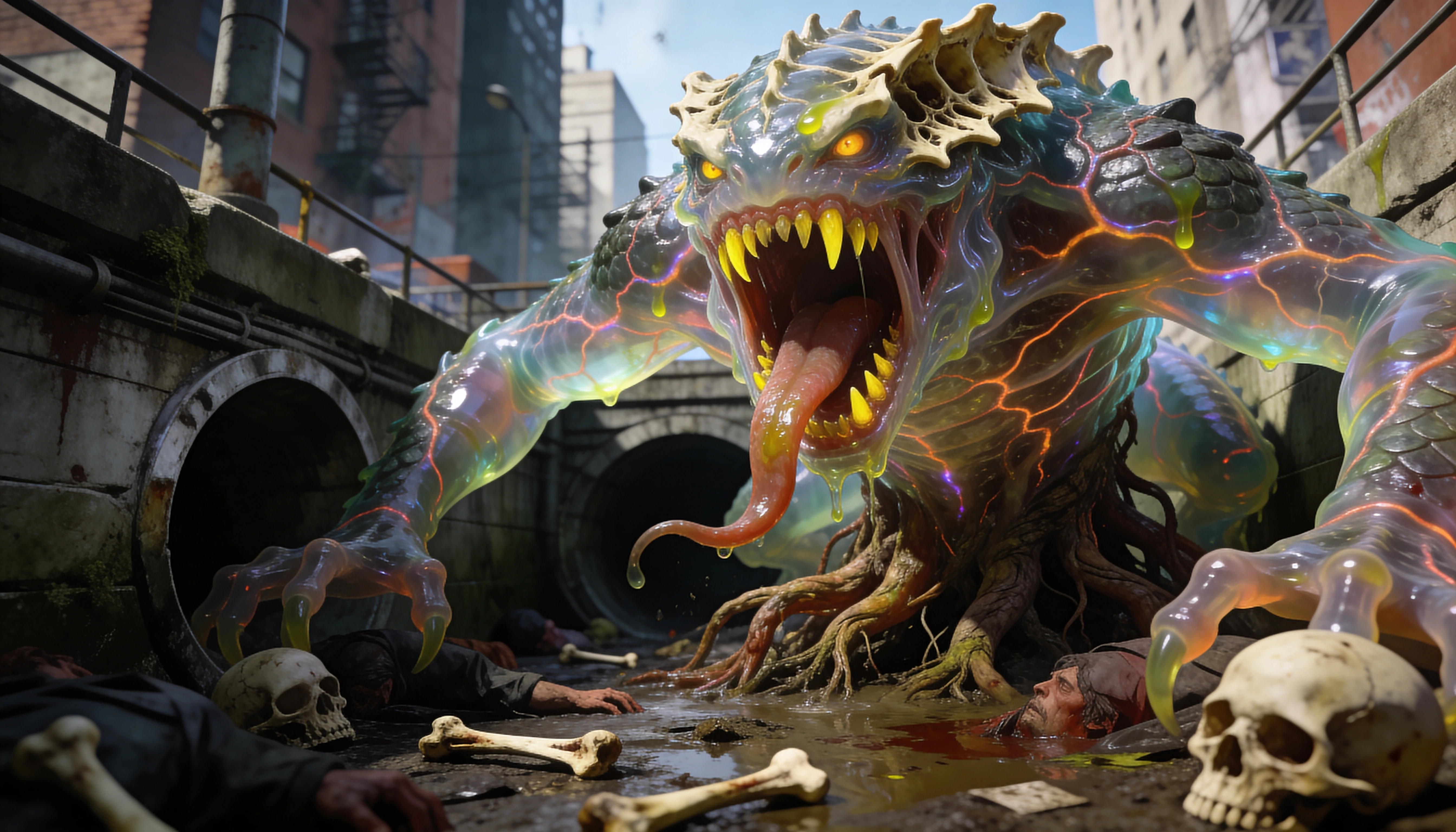 Monstro colossal de esgoto com bocarra dentada e tentáculos