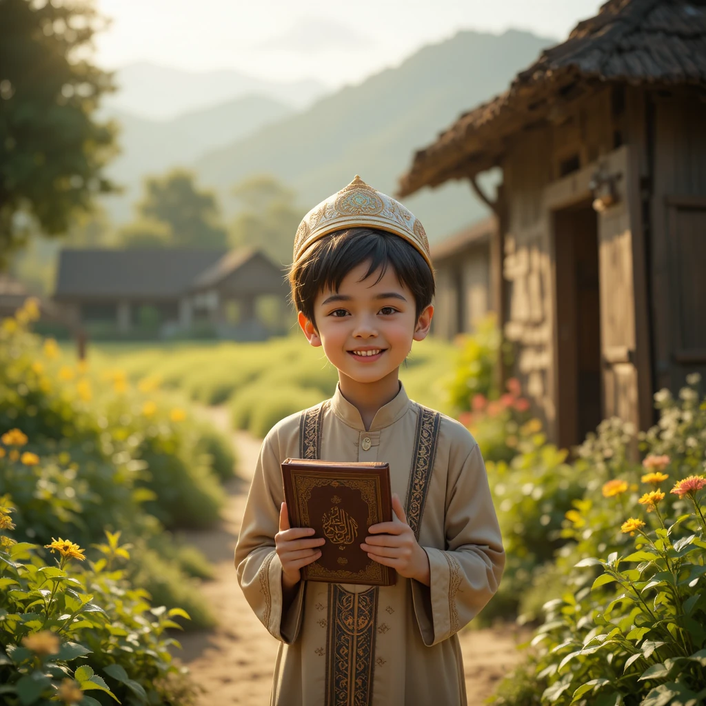 Joyful boy with Quran in a peaceful village field