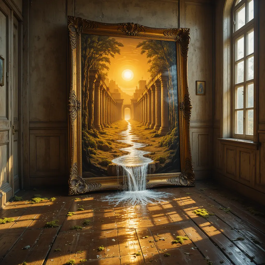 Antigo quarto ensolarado com moldura ornamentada se abrindo para o Egito