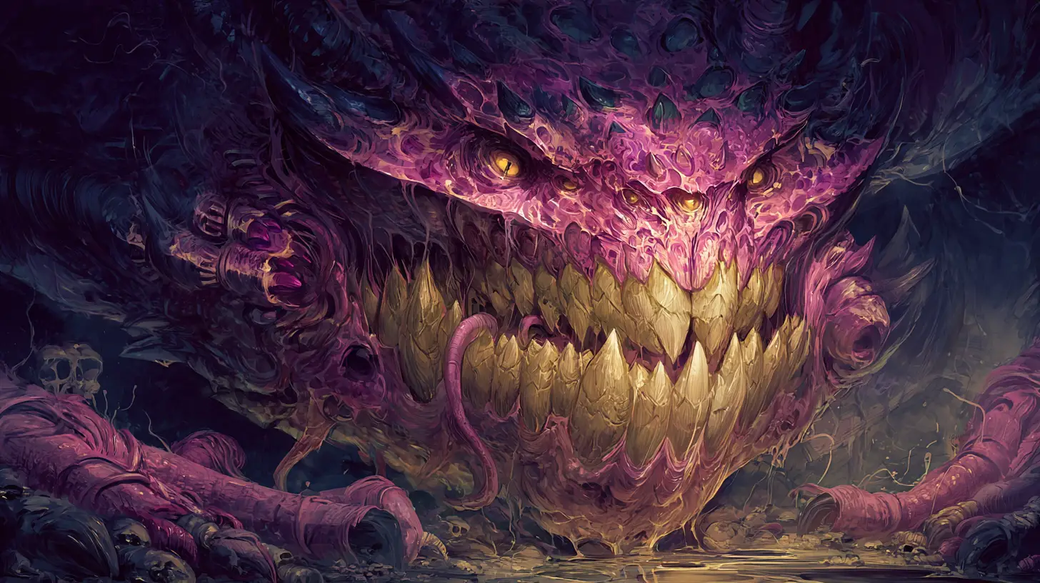 Monstro grotesco de esgoto com bocarra escancarada e dentes irregulares