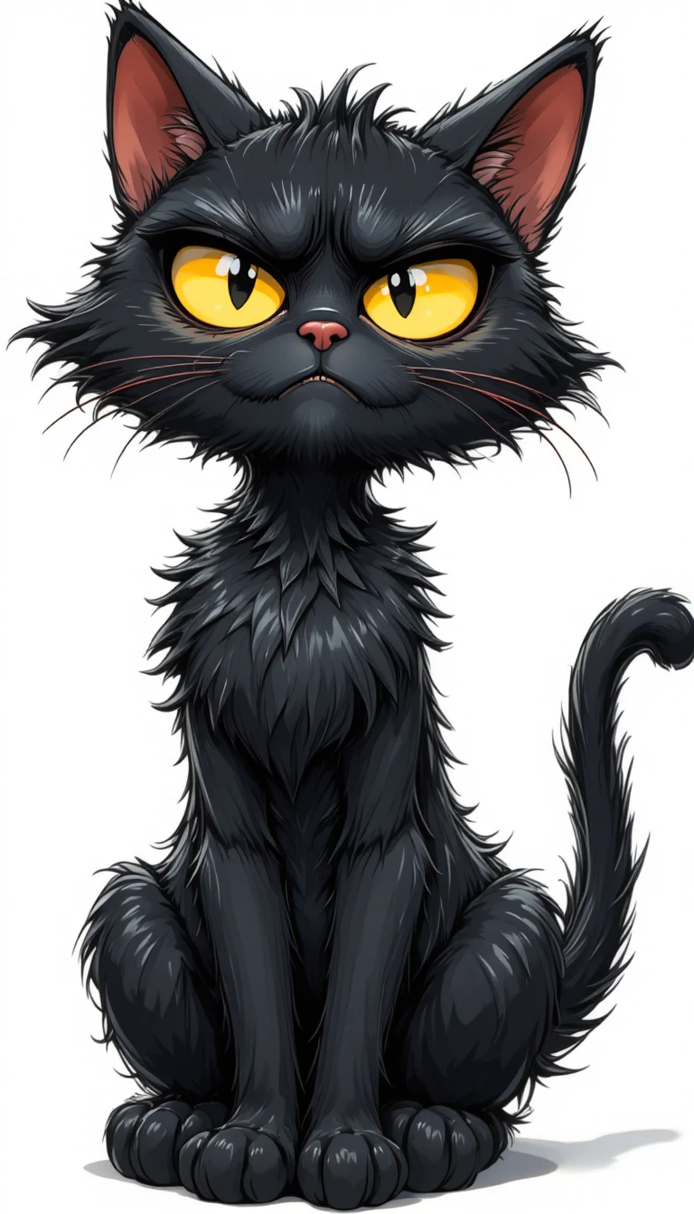 Chat noir de dessin animé mouillé aux yeux jaunes agacés