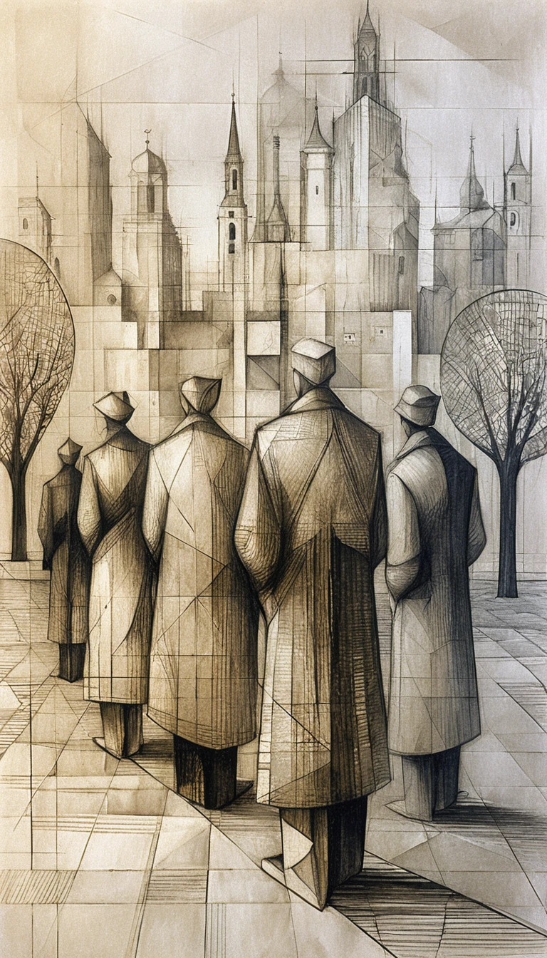 Kubistische Graphitmenge vor einer fragmentierten Stadtsilhouette