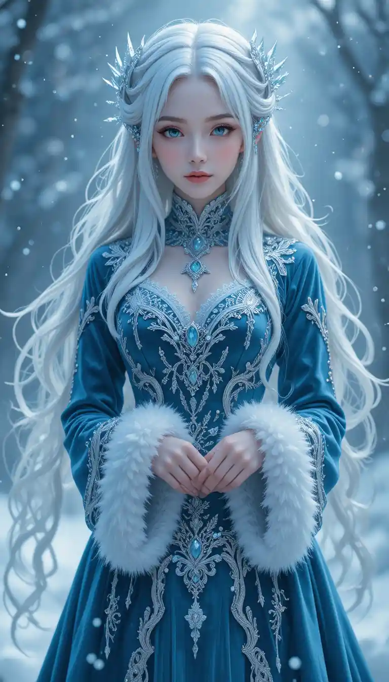 Regale incantatrice invernale anime con cappotto blu ghiaccio