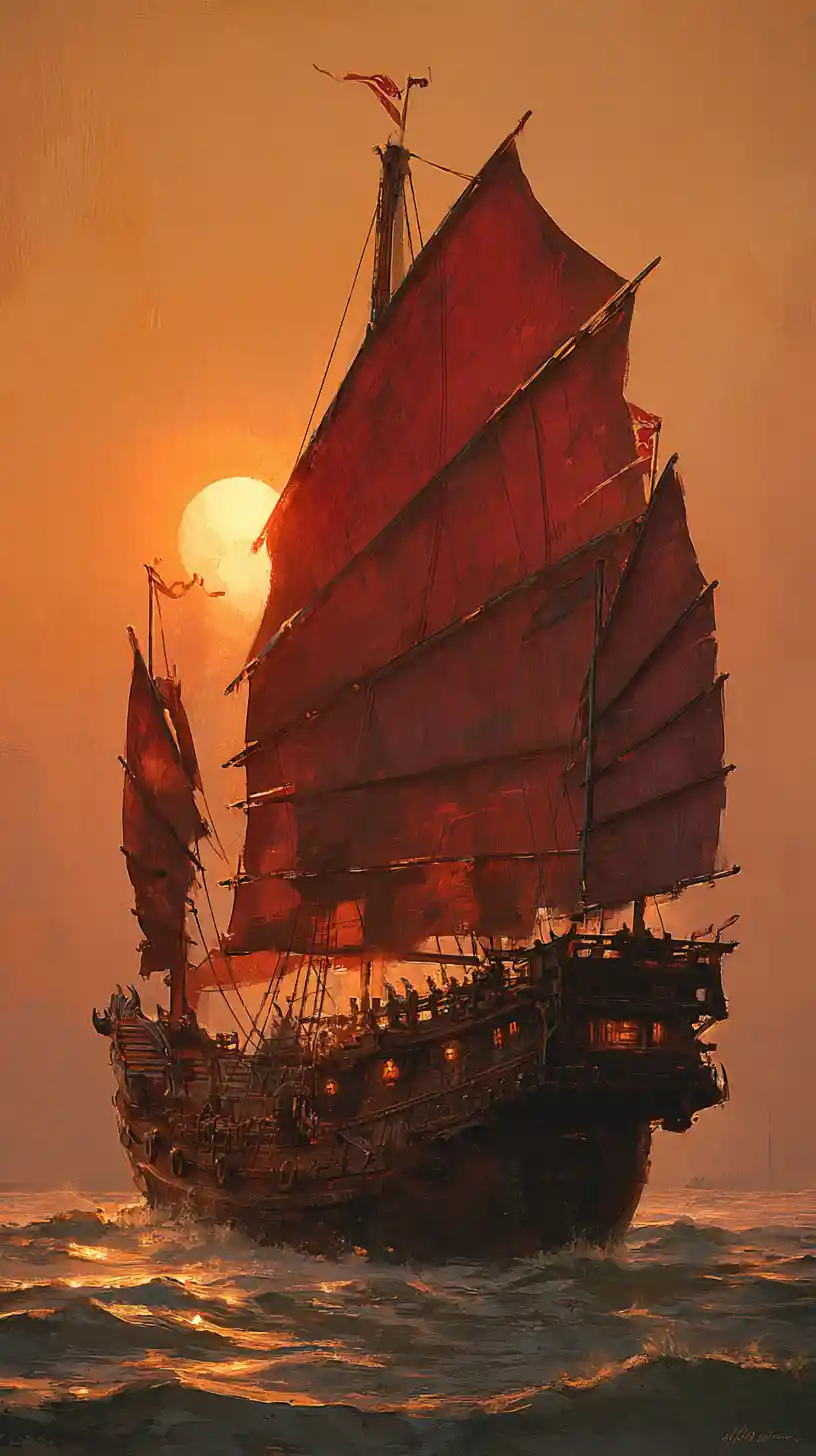Colossal fantasy warship battles raging seas at sunset