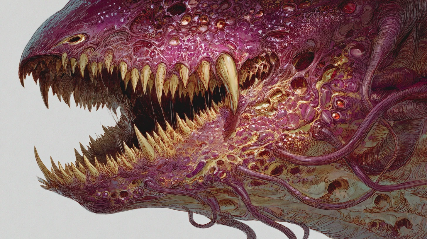 Monstro grotesco de esgoto com enorme boca dentada e caveiras