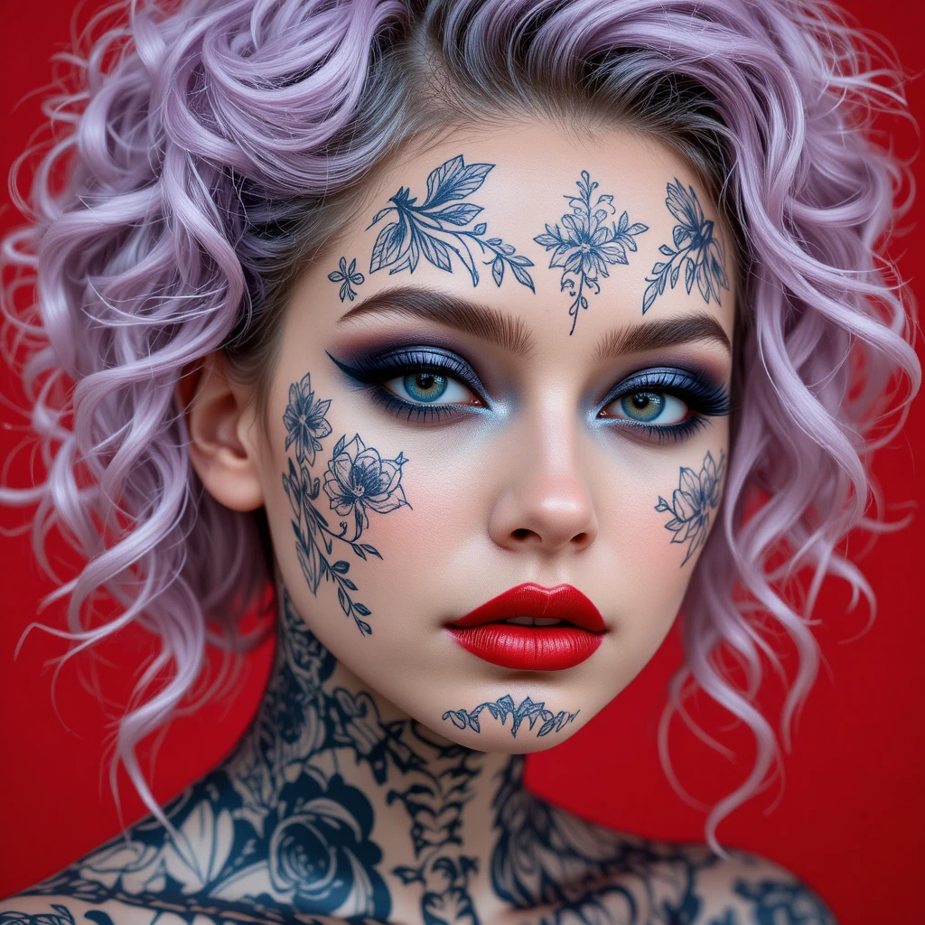 Mulher tatuada com cabelo em tons pastéis contra fundo vermelho intenso