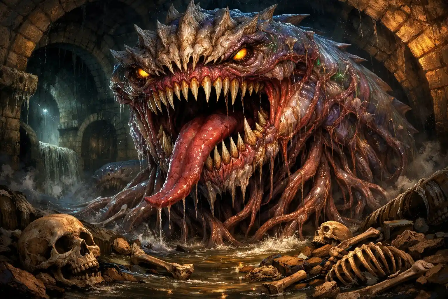 Monstro grotesco de esgoto com dentes irregulares e tentáculos
