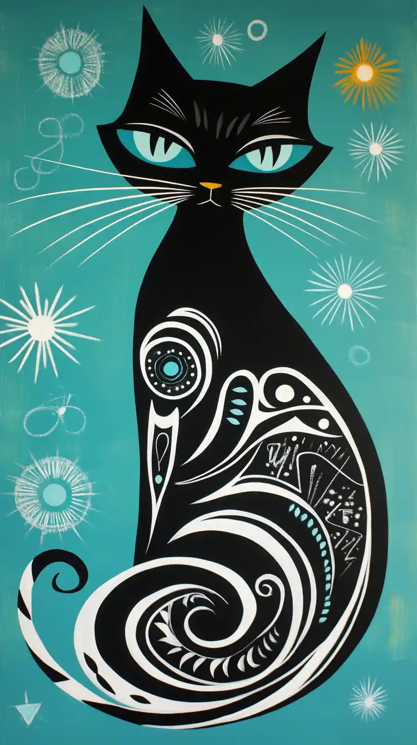 Stilisierte schwarze Katze mit Spiralen auf aquamarinblauem Hintergrund