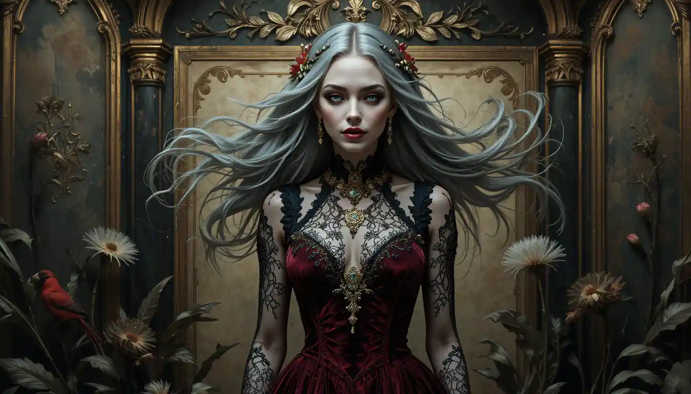 Gothic vampire woman with flowing gray hair at night
