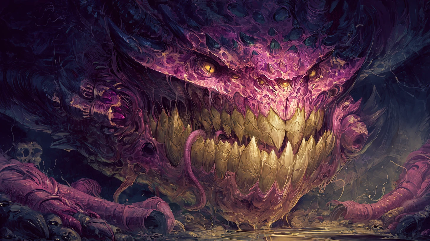 Monstro grotesco de esgoto com bocarra escancarada e dentes irregulares
