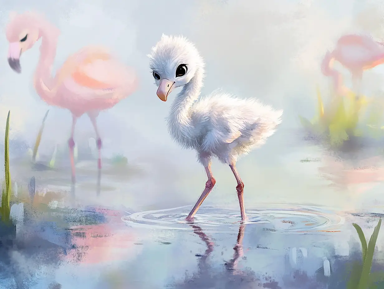 Flamingo-Küken steht in einer ruhigen Küstenlagune