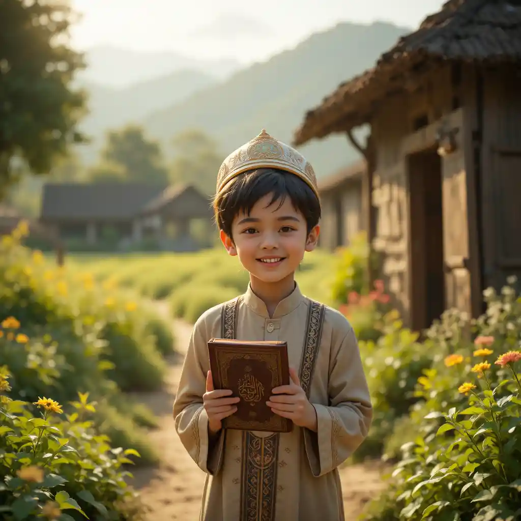 Joyful boy with Quran in a peaceful village field