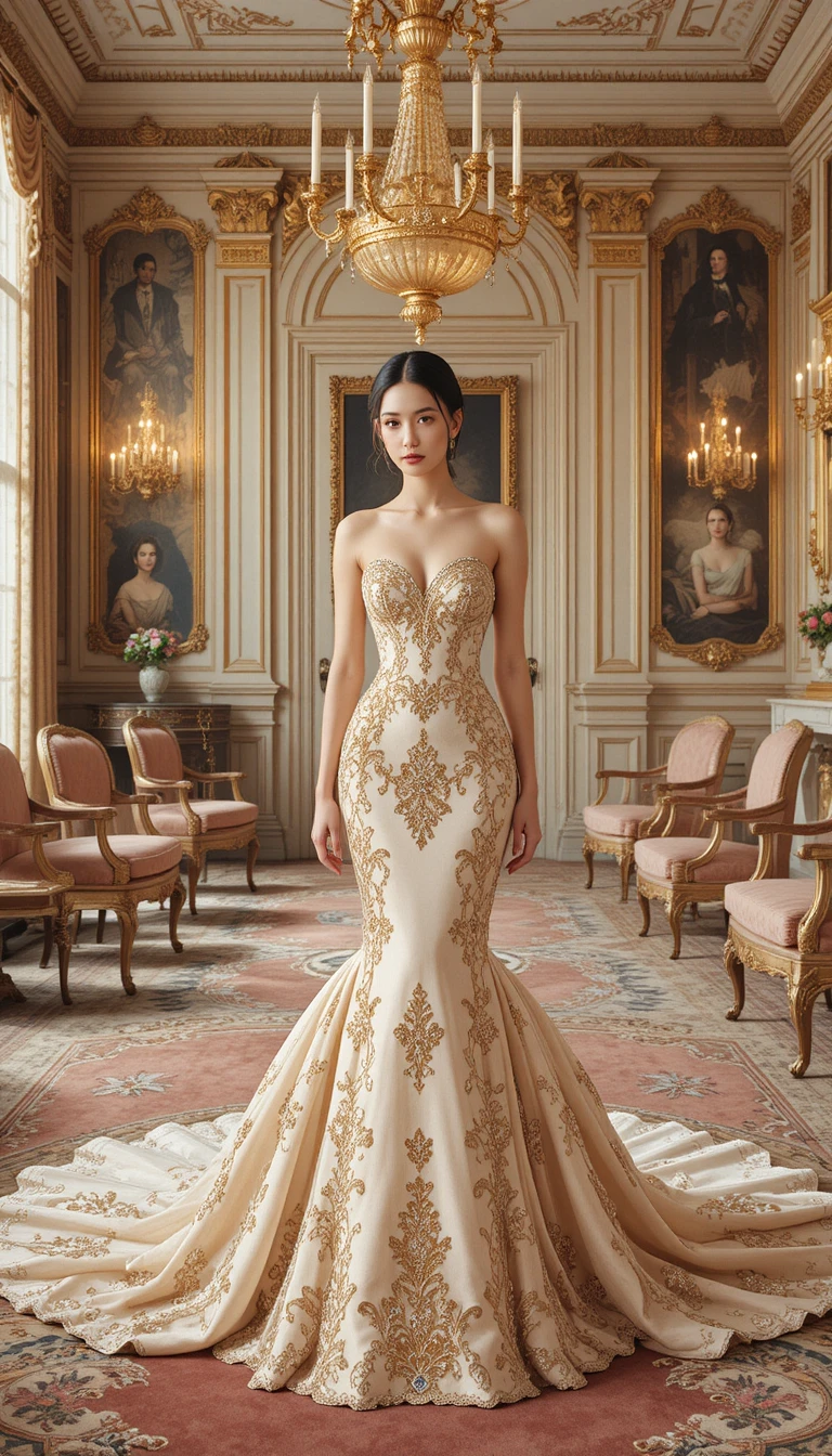 Elegant woman in gilded gown in opulent palace room