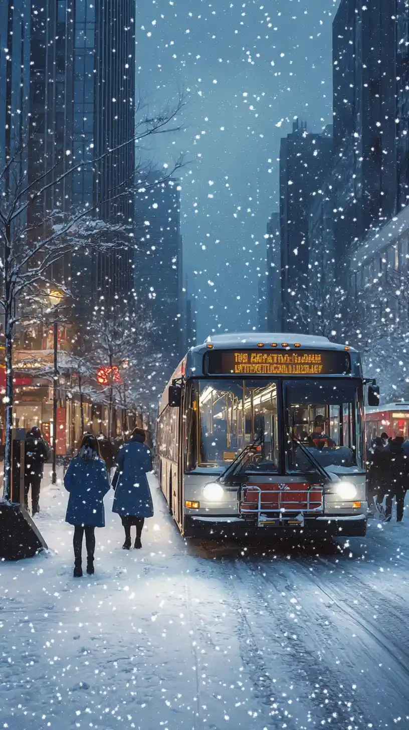 Cena de ponto de ônibus urbano no inverno com cinco passageiros esperando