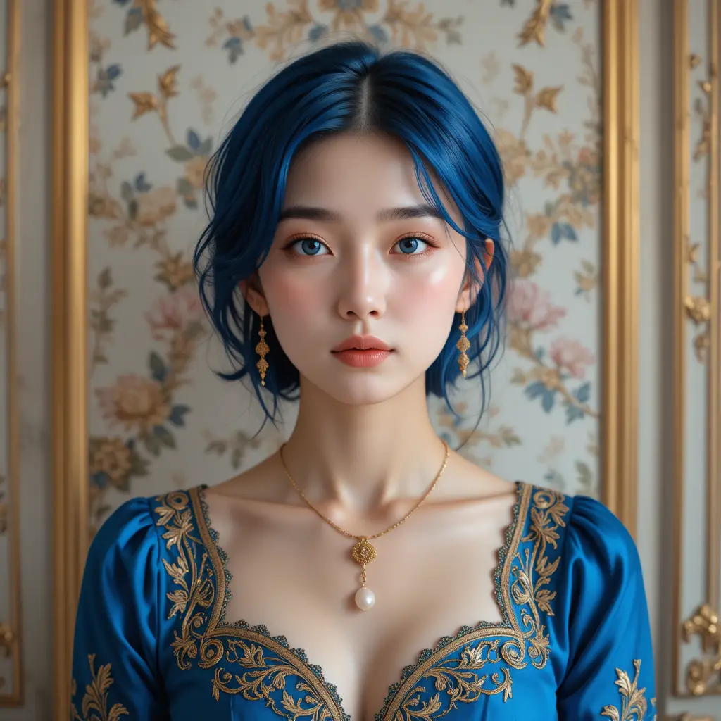 Garota de cabelo azul em retrato com vestido azul ornamentado
