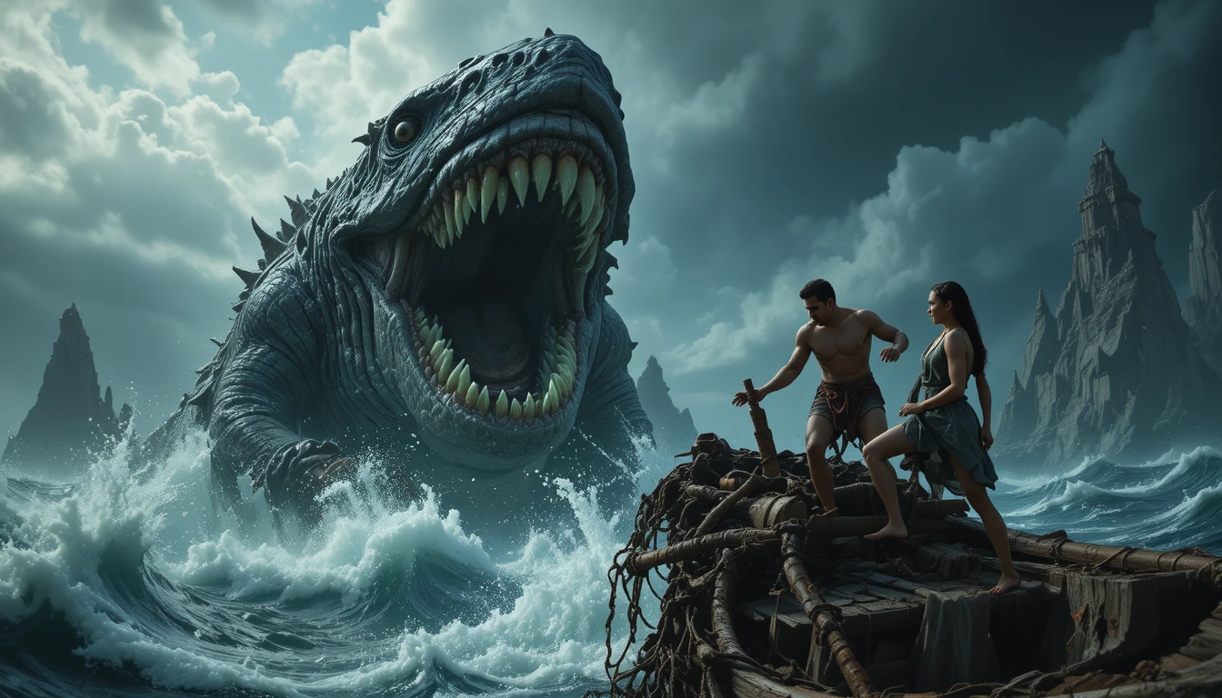 Monstro marinho atacando um pequeno barco em mar tempestuoso