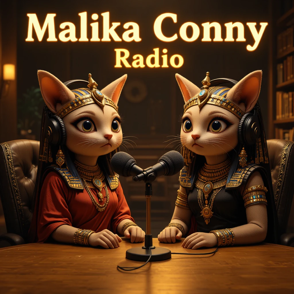 Duas gatas como rainhas antigas apresentando um aconchegante programa de rádio